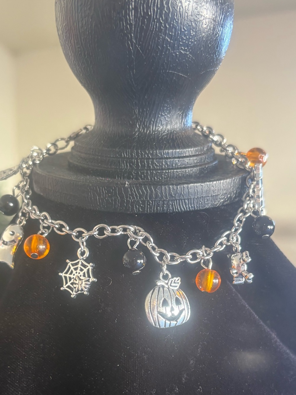 Silver Halloween Charm Bracelet with Orange and Black Beads